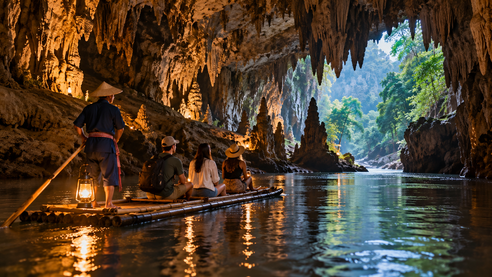 Local lantern guide steering a bamboo raft with travellers through Tham Lod Cave towards a jungle opening