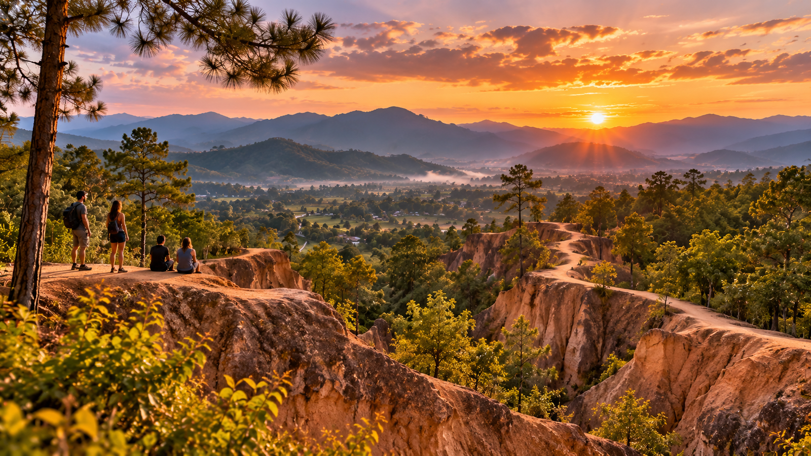 Travellers watching sunset from the broad viewpoint above Pai Canyon and the mountain valley
