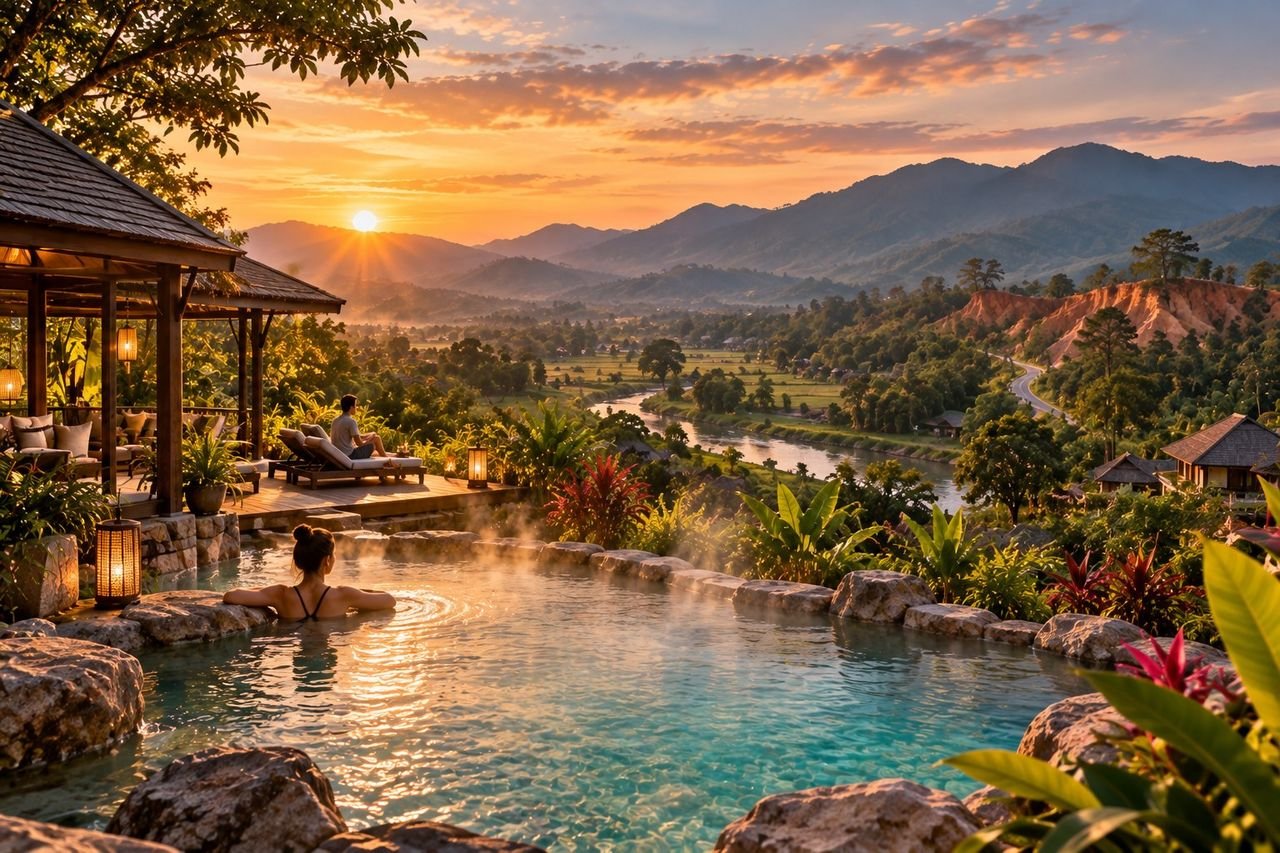 Pai countryside resort with a steaming mineral pool at sunset, river valley, red canyon ridge, mountains and tropical gardens