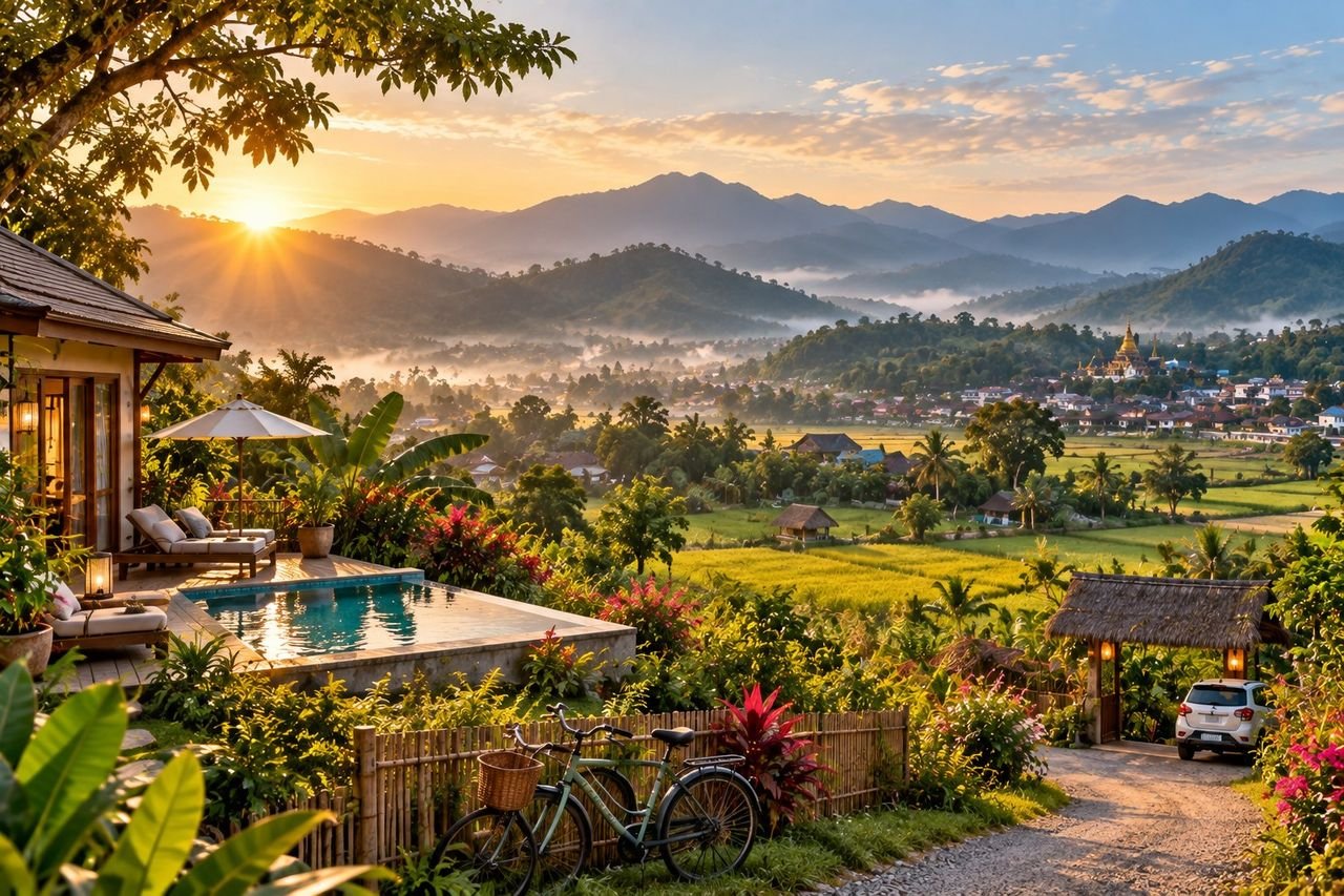 Northern Pai valley resort at sunrise with rice fields, mountain mist, bicycles, a pool and scattered village houses