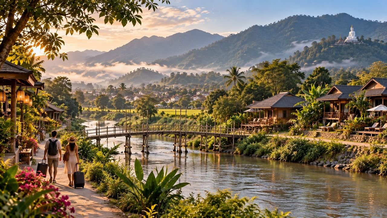 Pai River at golden hour with bamboo footbridge, riverside bungalows, travellers with luggage, mountain mist and the white Buddha above Mae Yen