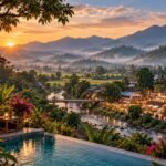 Panoramic Pai valley at sunrise with a hillside resort terrace, Pai River, town lights, rice fields, mountains and the white Buddha viewpoint