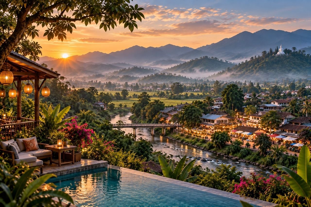Panoramic Pai valley at sunrise with a hillside resort terrace, Pai River, town lights, rice fields, mountains and the white Buddha viewpoint