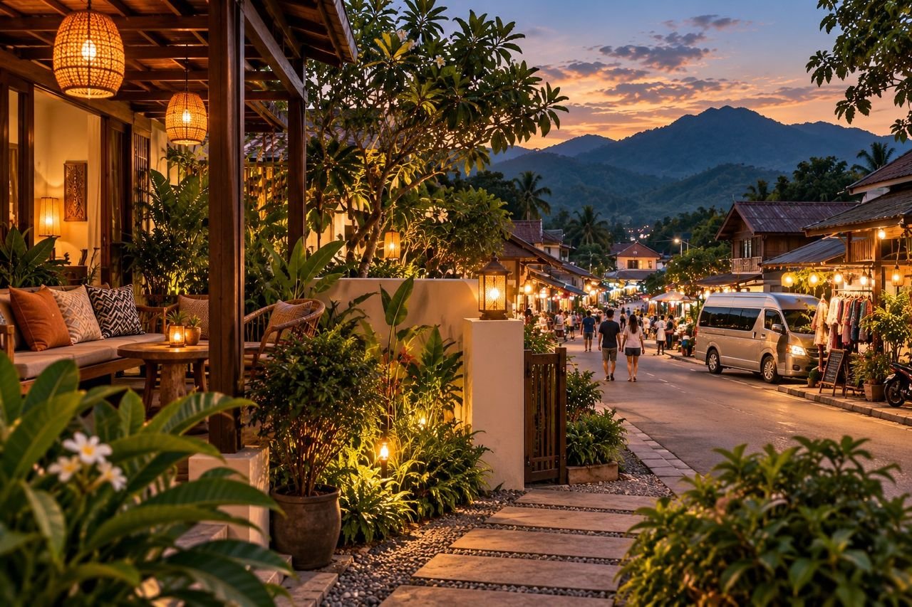 Lantern-lit Pai town centre at dusk with a boutique guesthouse, Walking Street stalls, travellers and mountains beyond