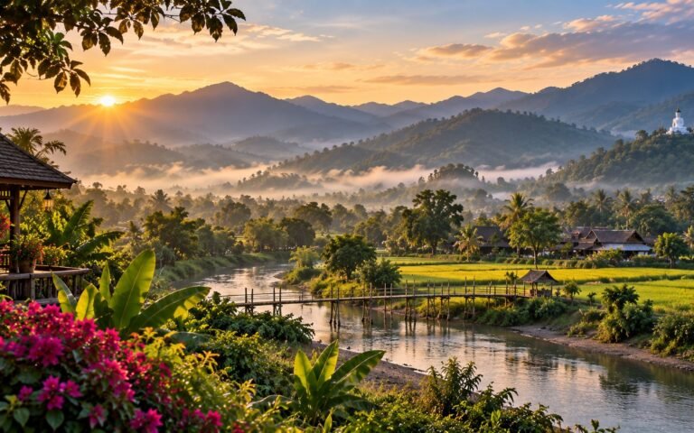 Original editorial illustration of Pai valley at sunrise with misty mountains, rice fields, river, bamboo bridge and a white Buddha on a hill