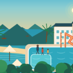 Illustrated Phuket family resort with a shallow children’s pool, waterslide, tropical gardens, hotel buildings and an Andaman Sea beach