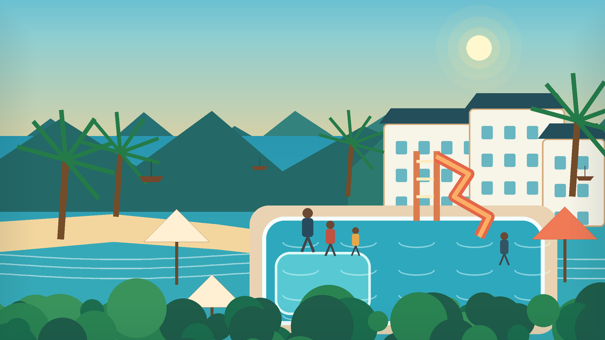 Illustrated Phuket family resort with a shallow children’s pool, waterslide, tropical gardens, hotel buildings and an Andaman Sea beach