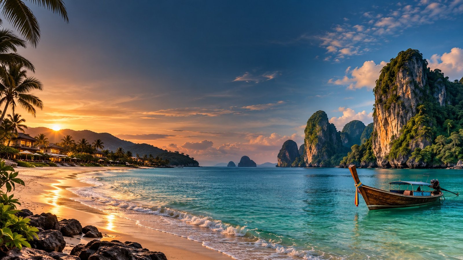 Cinematic editorial illustration blending a Phuket resort beach with Krabi limestone scenery and a long-tail boat