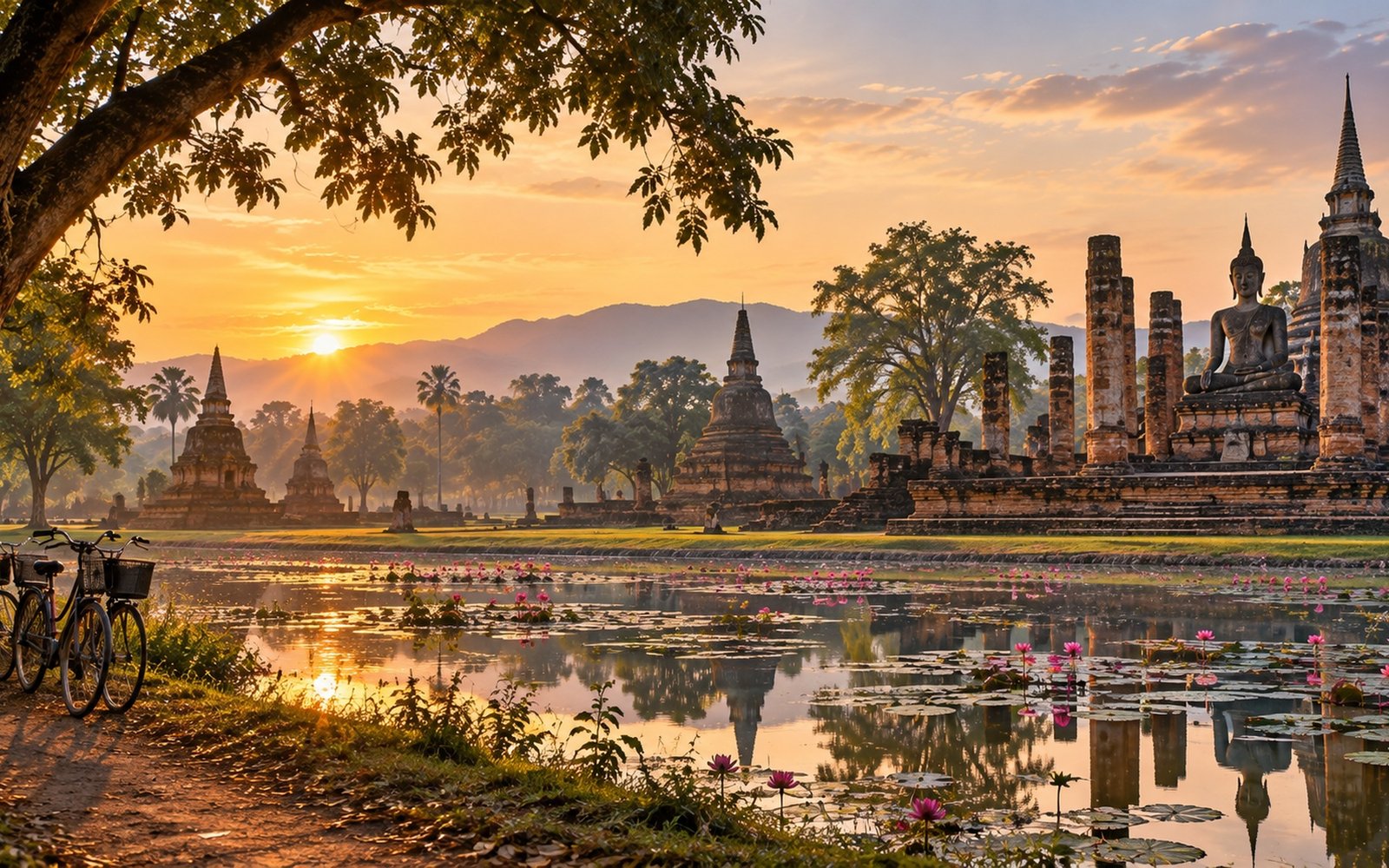 Original editorial illustration of Sukhothai Historical Park at sunrise with temple ruins, seated Buddha, lotus pond, bicycles and distant hills