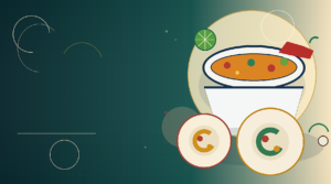 Editorial illustration of a Thai soup bowl, shared plates, lime and chilli on a deep teal and warm sand background