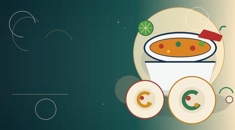 Editorial illustration of a Thai soup bowl, shared plates, lime and chilli on a deep teal and warm sand background