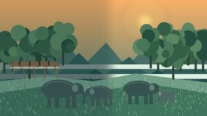 Original illustrated Thai forest sanctuary landscape with rescued elephants roaming freely and visitors observing from a distant raised walkway