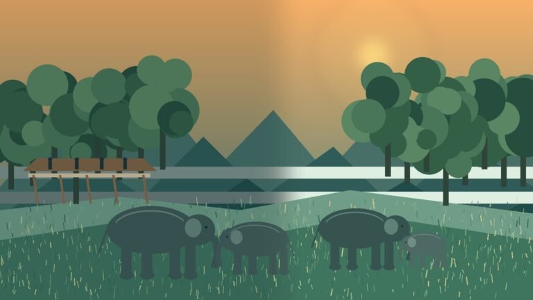 Original illustrated Thai forest sanctuary landscape with rescued elephants roaming freely and visitors observing from a distant raised walkway