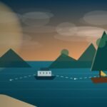 Illustrated Thailand island-hopping seascape with a passenger ferry, long-tail boat, route markers and limestone islands
