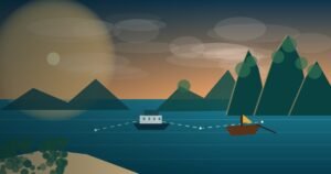 Illustrated Thailand island-hopping seascape with a passenger ferry, long-tail boat, route markers and limestone islands