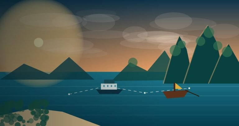 Illustrated Thailand island-hopping seascape with a passenger ferry, long-tail boat, route markers and limestone islands