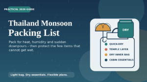 Illustrated Thailand monsoon packing essentials with an umbrella, dry bag, quick-dry clothing and cabin-bag items.