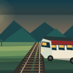Illustration of a Thai sleeper train travelling through rice fields and mountains at dusk