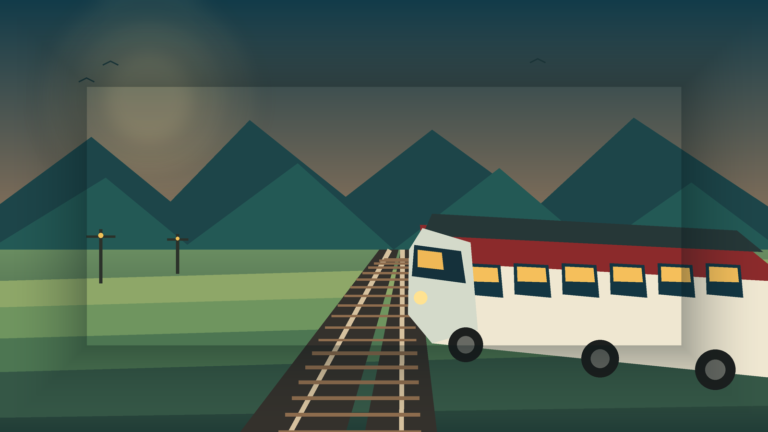 Illustration of a Thai sleeper train travelling through rice fields and mountains at dusk