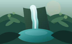 A cinematic original illustration of a tiered waterfall dropping through dense green rainforest into a teal pool in Thailand.