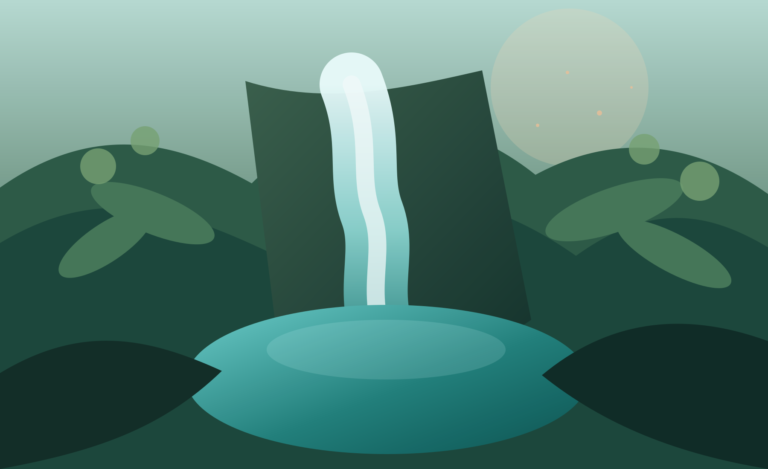 A cinematic original illustration of a tiered waterfall dropping through dense green rainforest into a teal pool in Thailand.