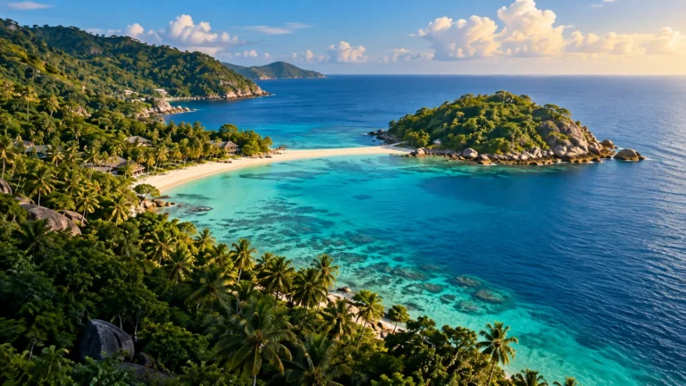 Original scenic illustration of turquoise water and a sandbar inspired by Koh Phangan.