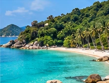 Original illustration of a tropical bay and northern Koh Phangan coastal scenery.
