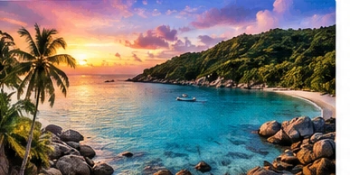 Original illustration of warm evening light over a Koh Phangan-inspired bay.