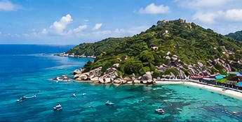 Original scenic illustration of a green headland and granite coastline inspired by Koh Tao.