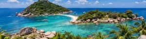 Original panoramic illustration of granite islets and turquoise water inspired by Koh Tao.
