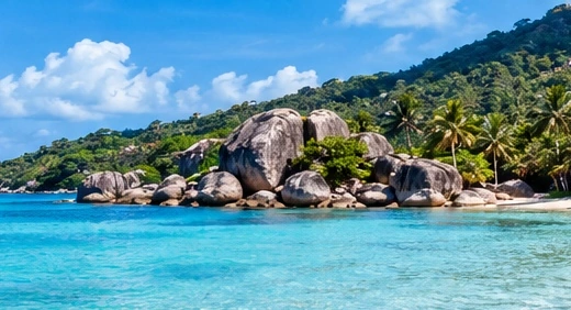 Original illustration of a granite-framed tropical cove inspired by Koh Samui.