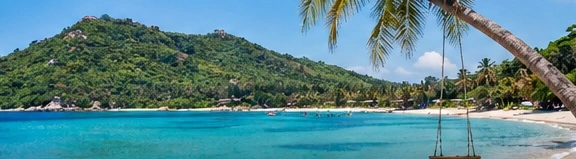 Original illustration of a broad palm-fringed bay inspired by Koh Phangan.