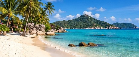 Illustrative tropical bay with granite rocks and a palm-lined beach