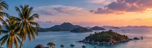 Illustrative Gulf islands seen across the sea at sunset