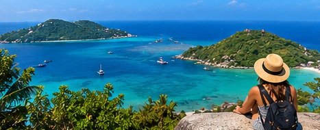Illustrated traveller overlooking a turquoise Gulf-island bay