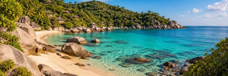 Koh Tao-inspired rocky cove with turquoise water and forested slopes
