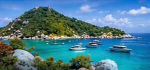 Original scenic illustration of green Koh Tao hills, granite shoreline and passenger boats on turquoise water