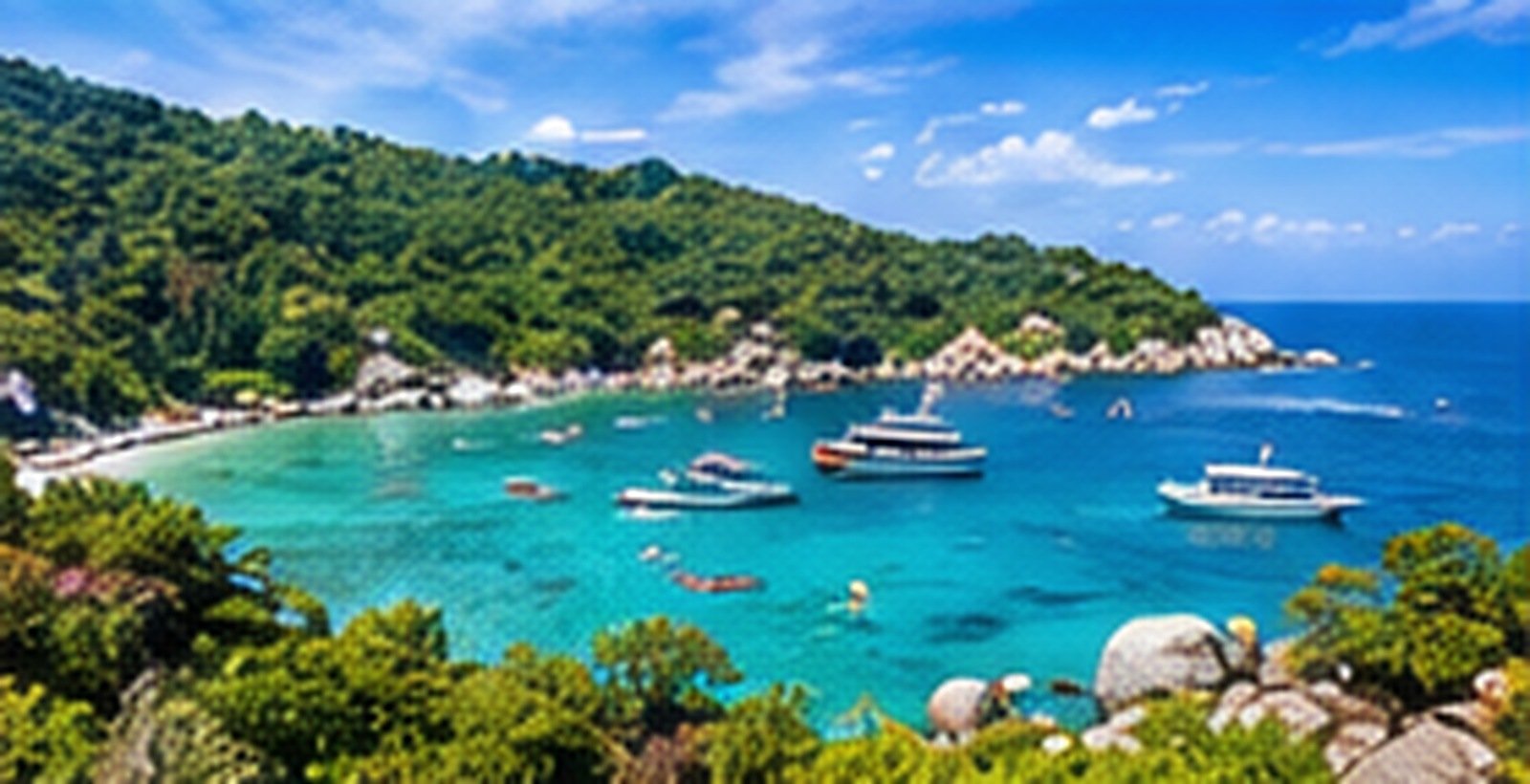 Original illustration of a Koh Tao bay with boats and a wooded shoreline
