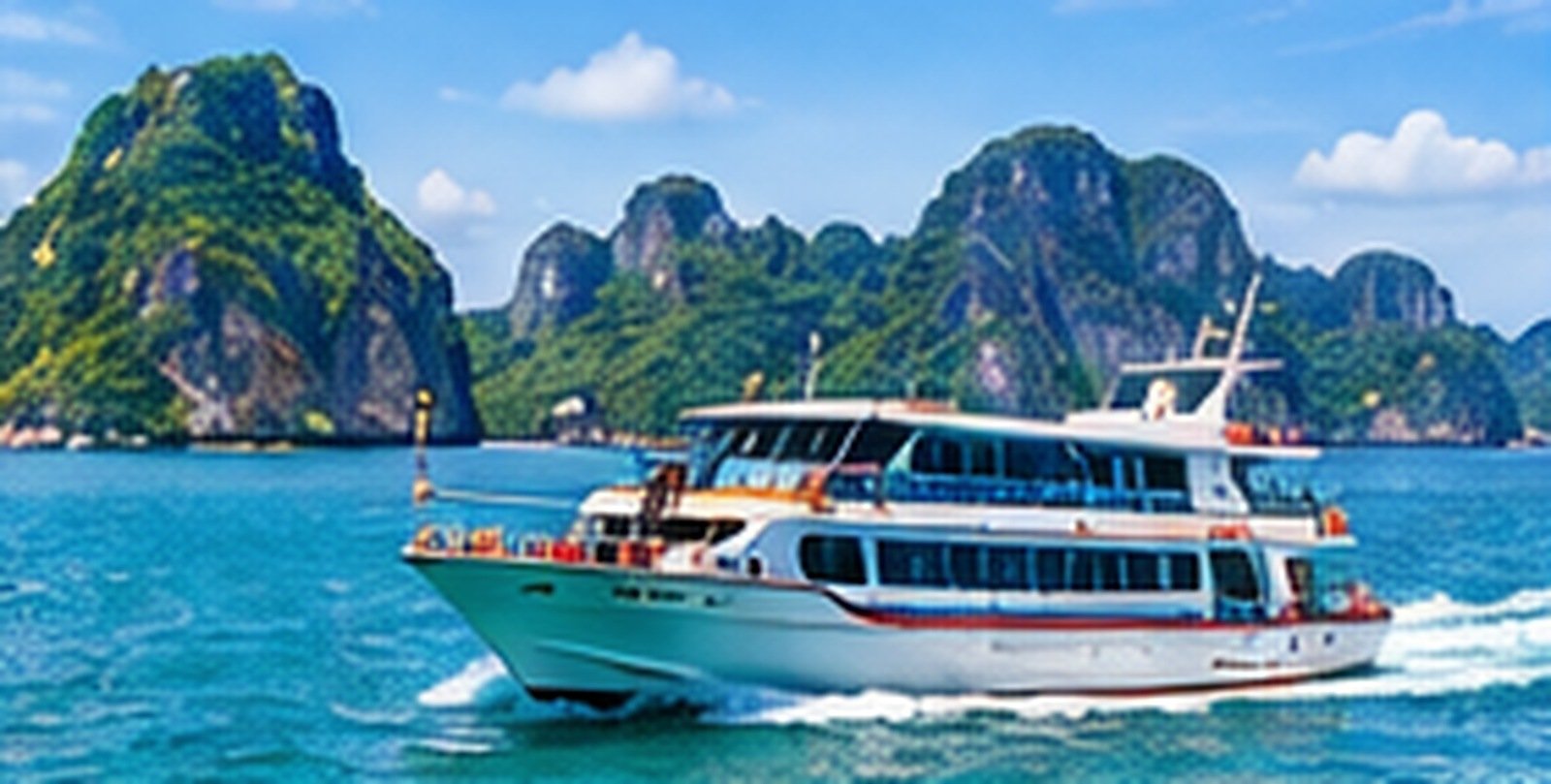 Original scenic illustration of a passenger boat near limestone islands on the Andaman coast