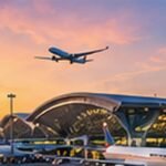 Original conceptual illustration of a Bangkok airport terminal and aircraft at sunset