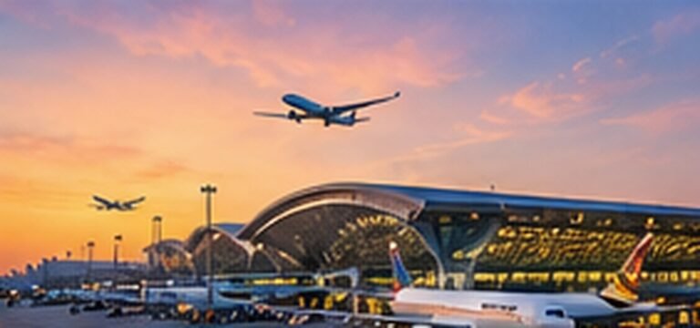 Original conceptual illustration of a Bangkok airport terminal and aircraft at sunset