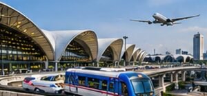 Original conceptual illustration of Suvarnabhumi airport architecture, an aircraft and a city-bound train