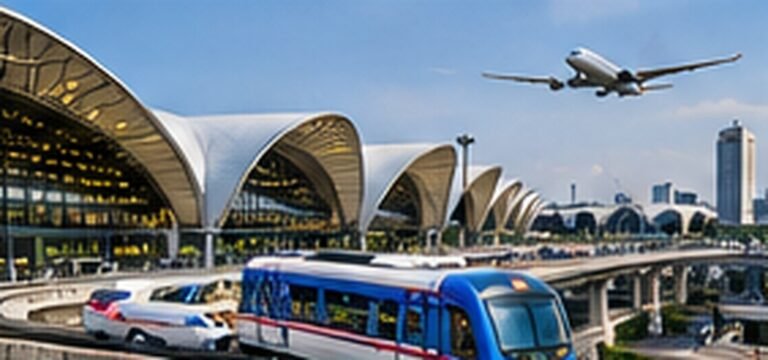 Original conceptual illustration of Suvarnabhumi airport architecture, an aircraft and a city-bound train