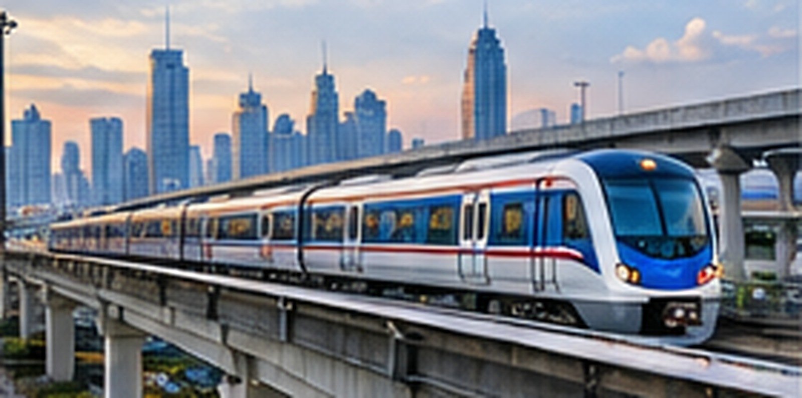 Original conceptual illustration of an elevated airport train approaching Bangkok buildings