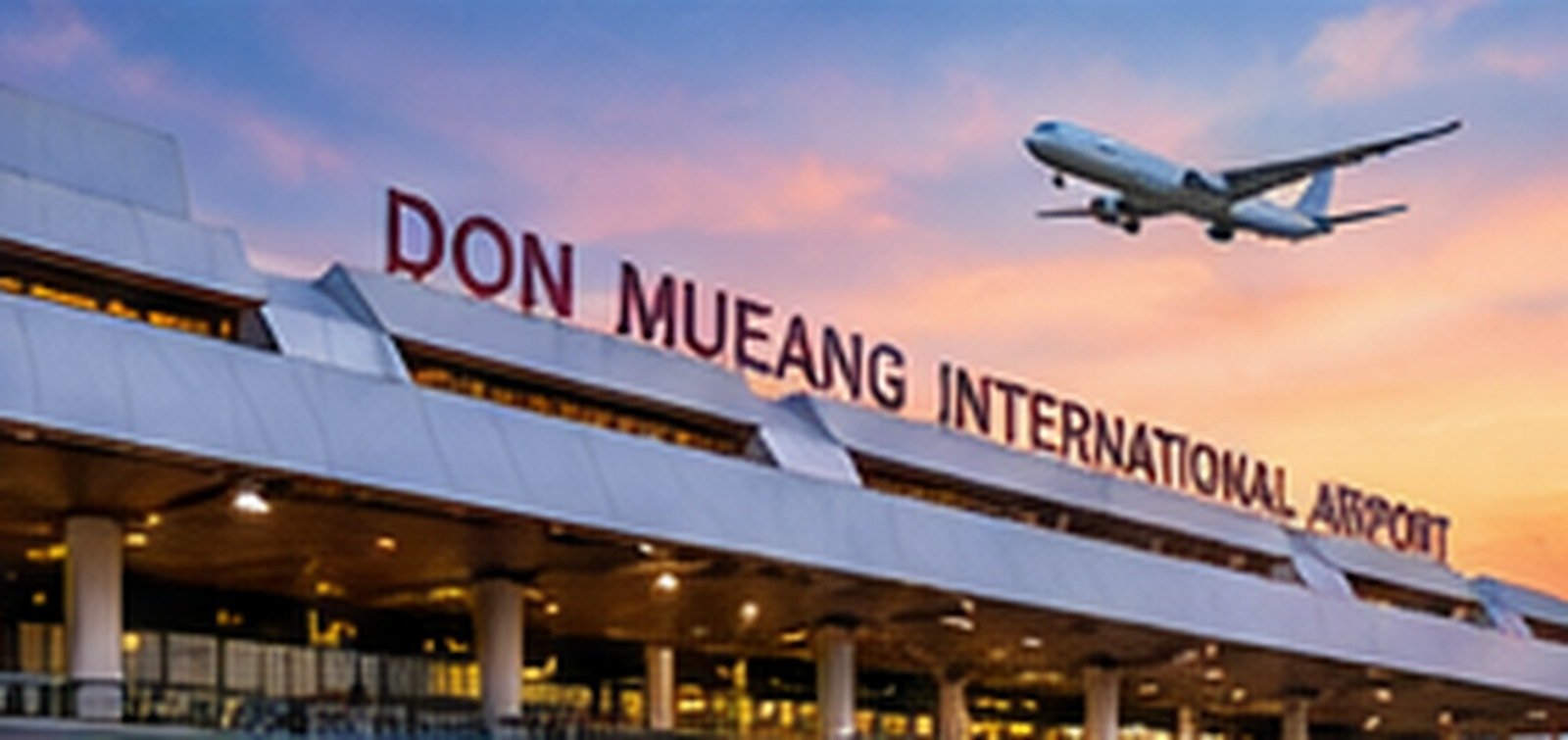 Original conceptual illustration of Don Mueang airport at sunset with an arriving aircraft