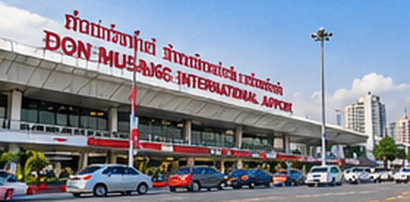 Original conceptual illustration of the Don Mueang terminal frontage and road vehicles