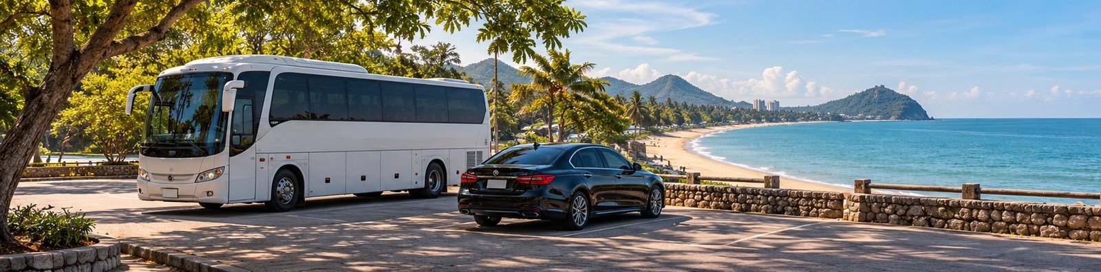 Original illustration comparing a coach and private car beside a Hua Hin-inspired coast