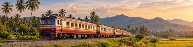 Original illustration of a Thai passenger train passing palms and fields on a Hua Hin journey