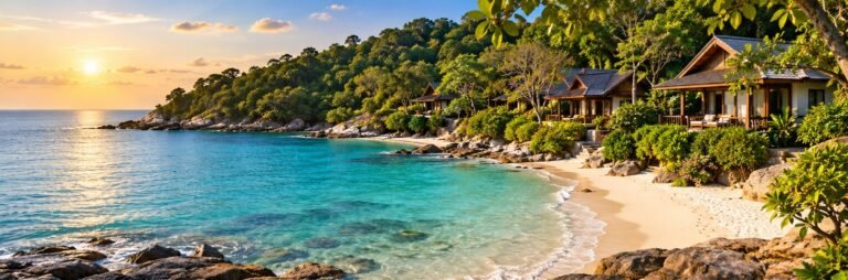 Original illustration of a quiet Koh Samet-style resort cove with cottages near low wooded hills