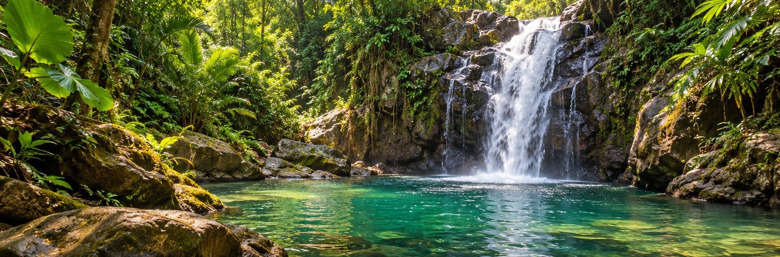 Original illustration of a rainforest waterfall and pool inspired by Koh Chang's interior